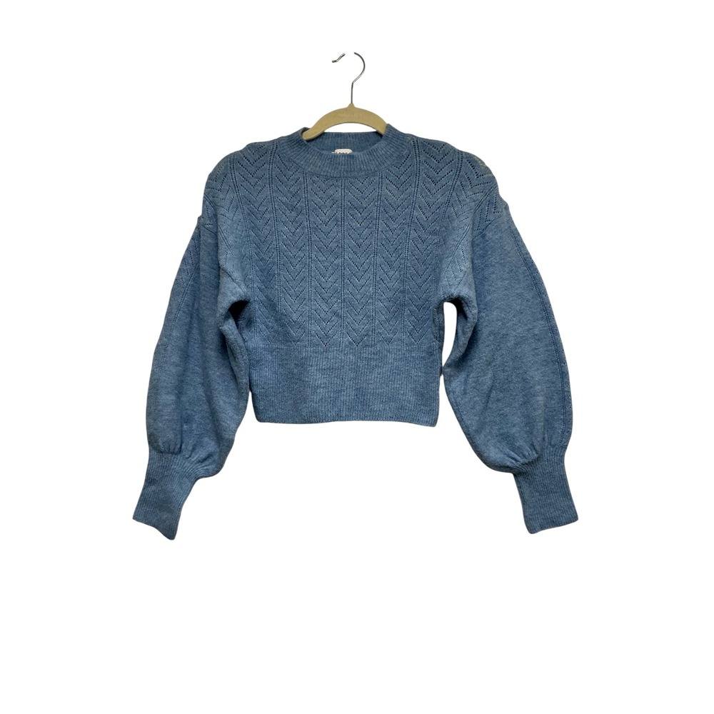 Topshop Womens Blue Pointelle Chevron Knit Cropped Balloon Sleeve Sweater XS